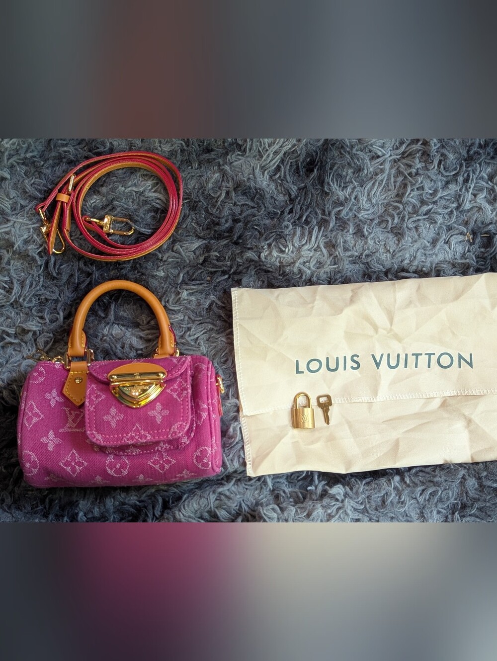 Louis Vuitton Blue Denim Mini Satchel with Tan Handles and Gold Hardware - Picture 6 of 10